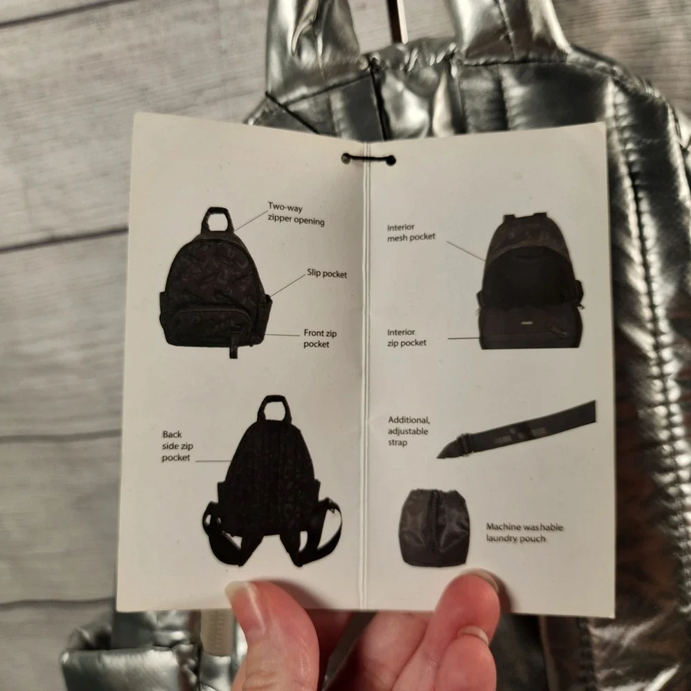 Go Dash Dot Maya Mini Backpack Silver Metallic Quilted Puffer Bag NEW